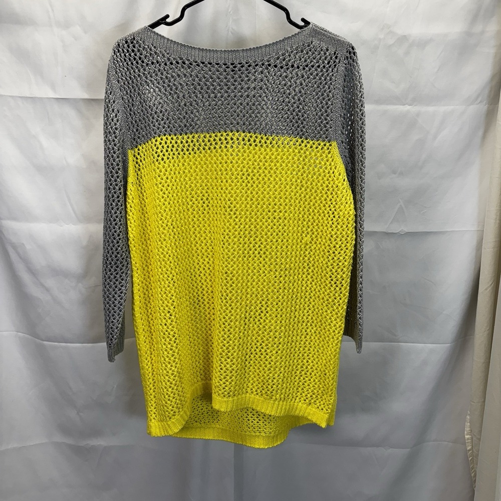 Apt.‎ 9 Women Neon Yellow Grey Colorblock Open Knit Mesh Sweater Large